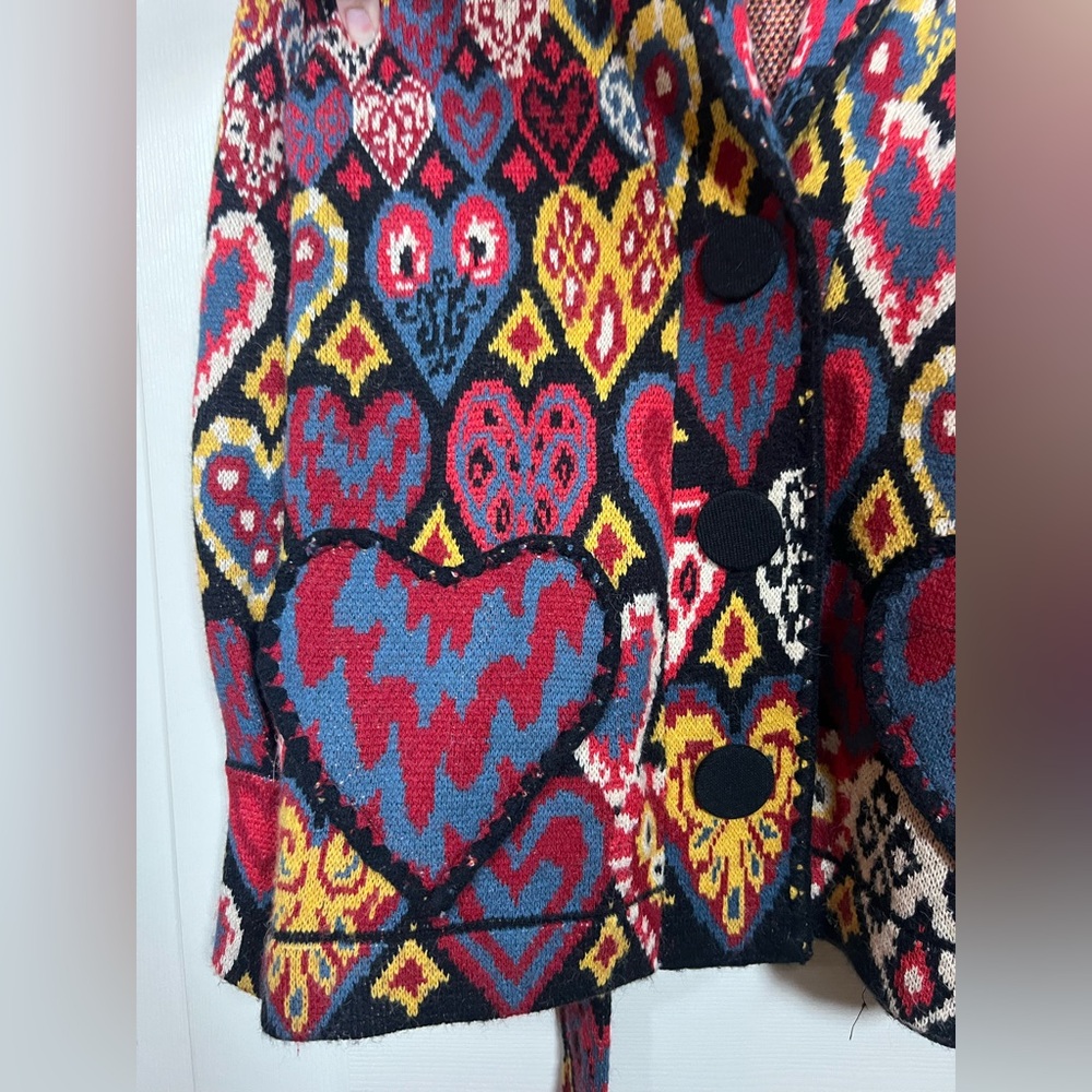 🦄 Farm Rio Heart Jacquard Belted Cardigan Jacket XL Statement Boho Knit - Picture 5 of 7
